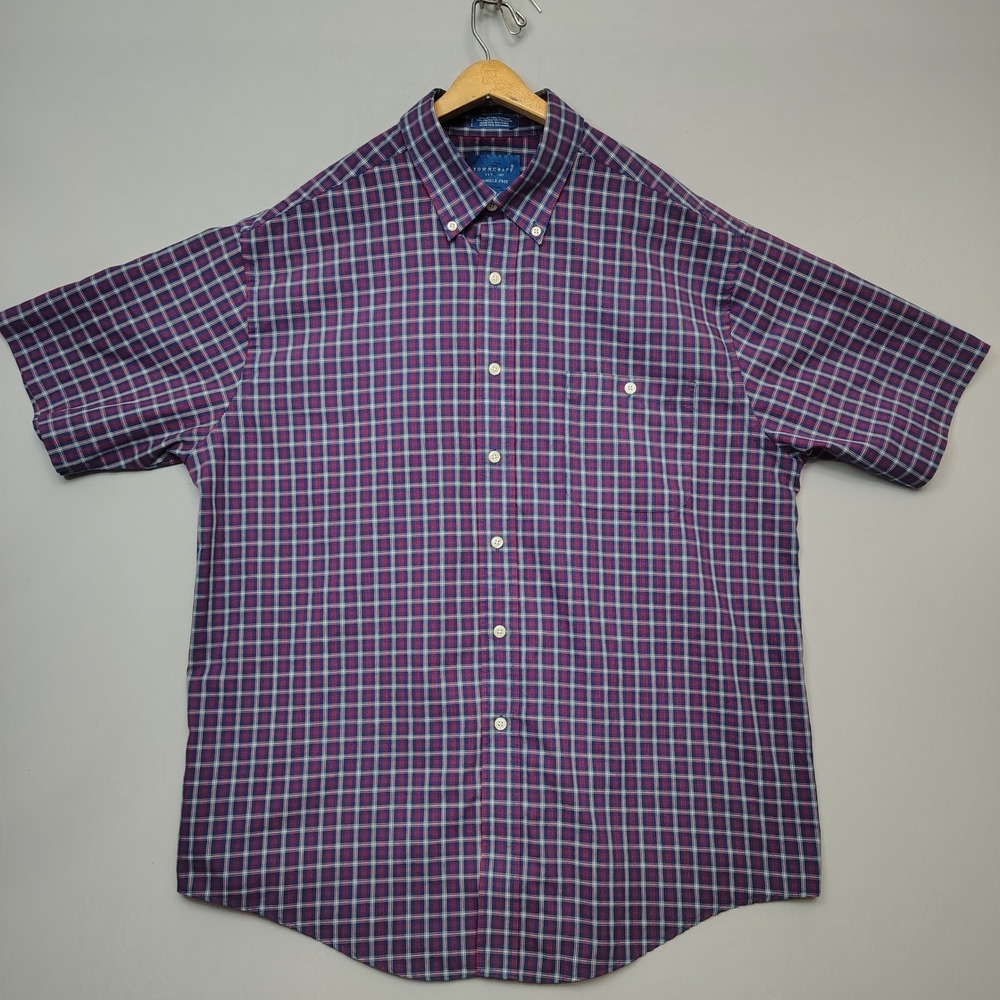 Towncraft Button Down Shirt Mens L Blue Red Wrinkle Free Plaid Cotton Blend